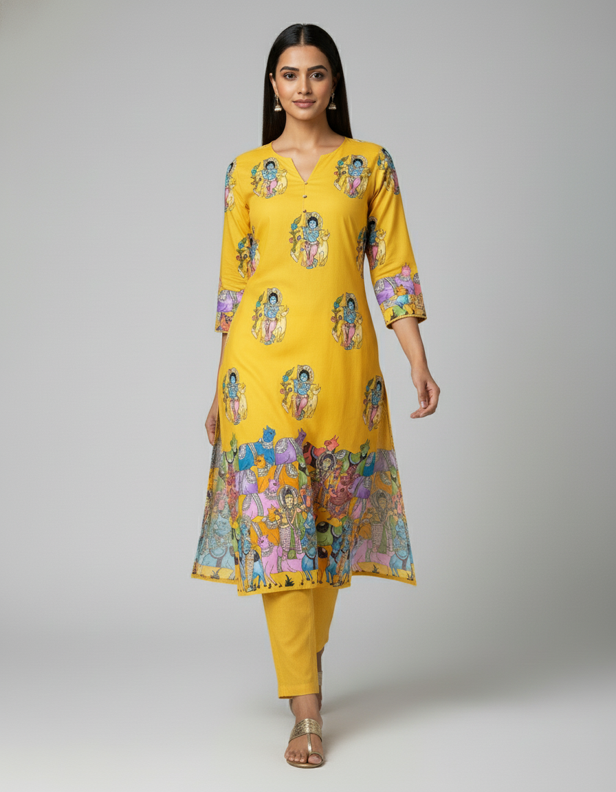 Yellow Krishna Print Cotton Kurta Set for Women