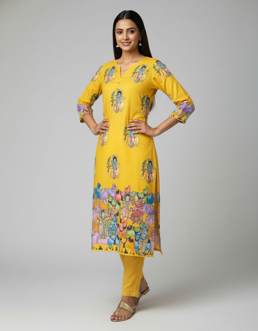 Yellow Krishna Print Cotton Kurta Set for Women