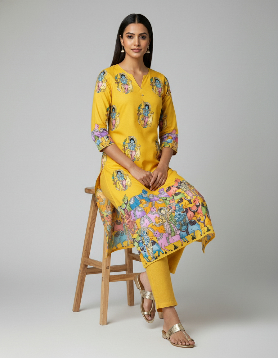 Yellow Krishna Print Cotton Kurta Set for Women