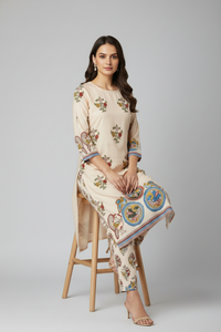 Beige Floral Printed Straight Kurta Set with Traditional Motif Border