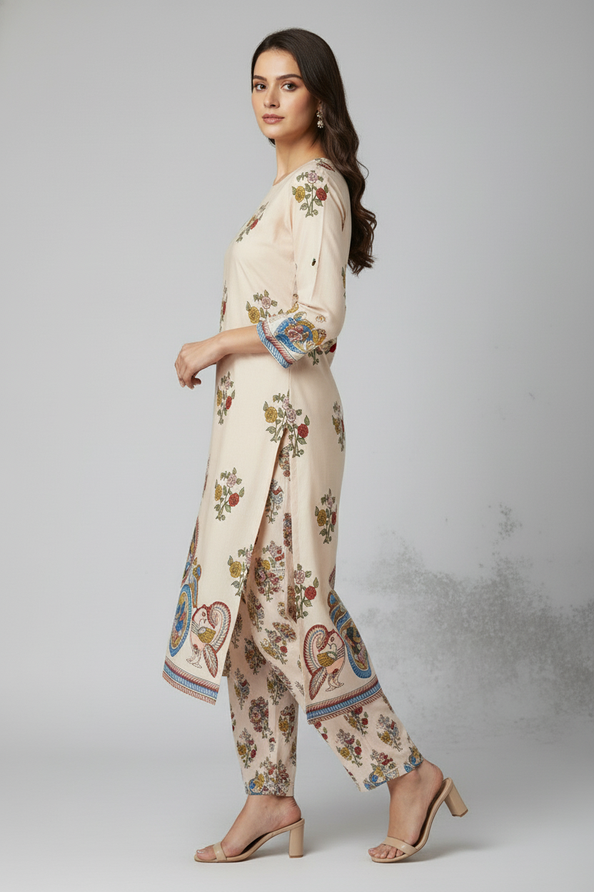 Beige Floral Printed Straight Kurta Set with Traditional Motif Border
