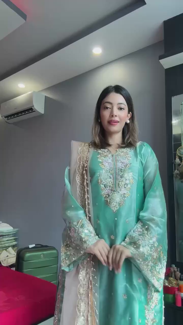 Aqua Green Embroidered Organza Suit Set with Net Dupatta