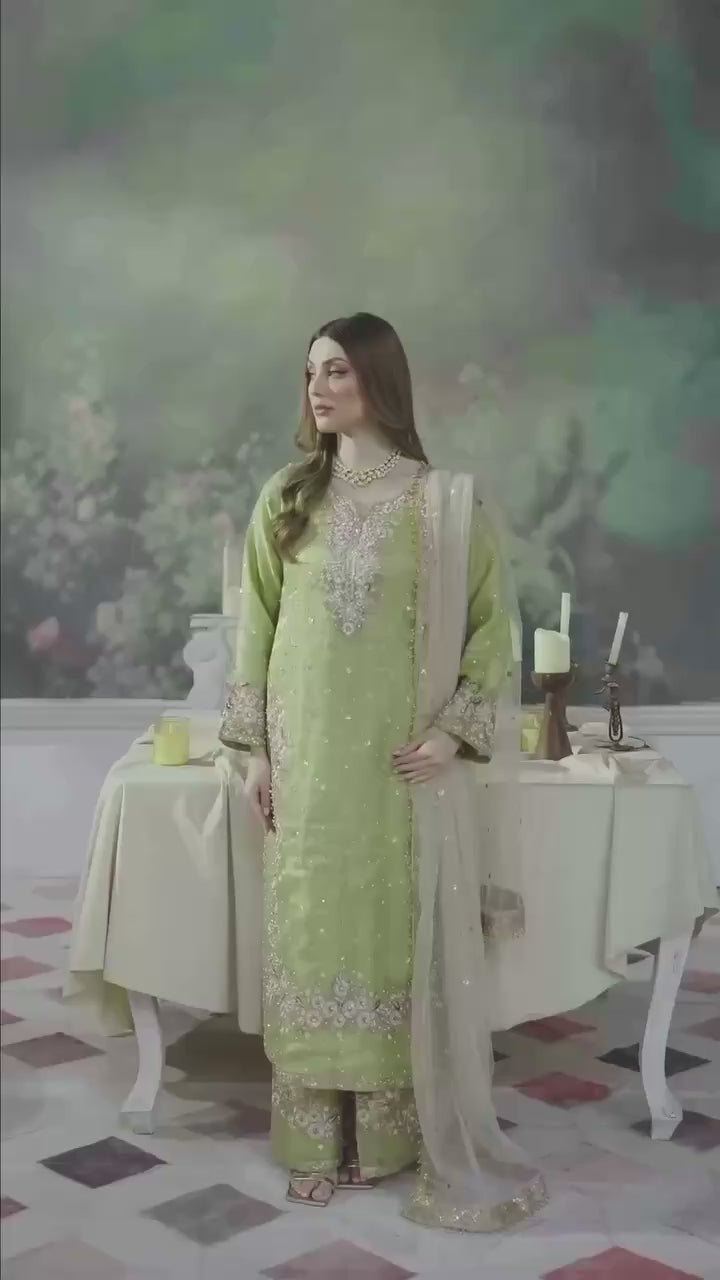 Lime Green Embellished Straight Suit Set with Net Dupatta
