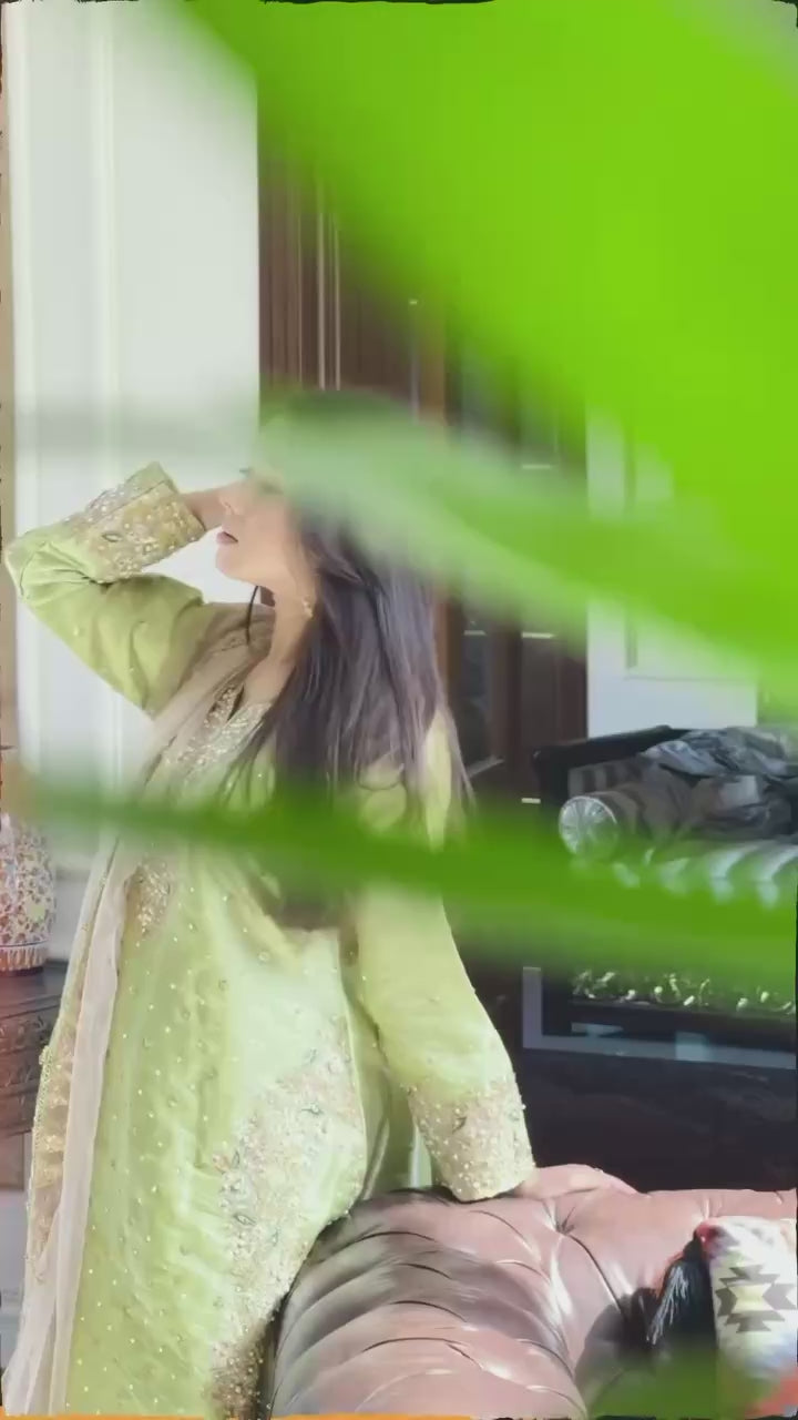 Lime Green Embellished Straight Suit Set with Net Dupatta