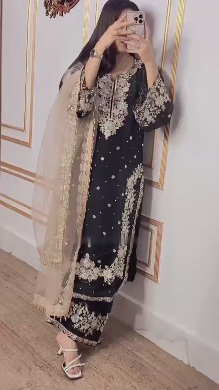 Midnight Black Embroidered Formal Suit Set with Net Dupatta
