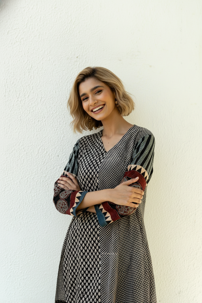 Women’s Black & White Printed V-Neck Kurta Top