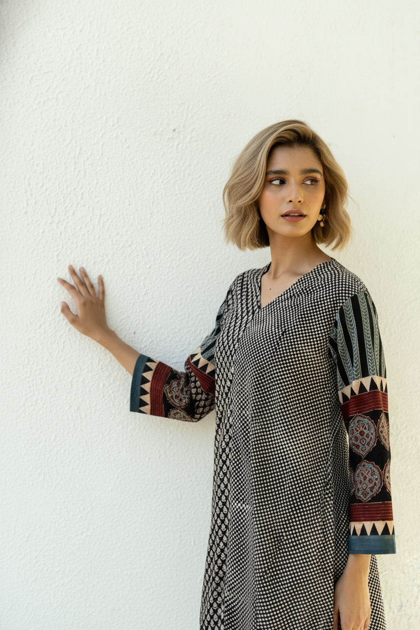 Women’s Black & White Printed V-Neck Kurta Top